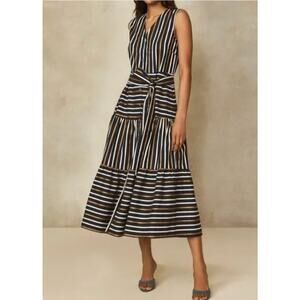 PEARL by LELA ROSE Sz XS Navy Stripe Cotton Tiered Belted Midi Shirt Dress NWT